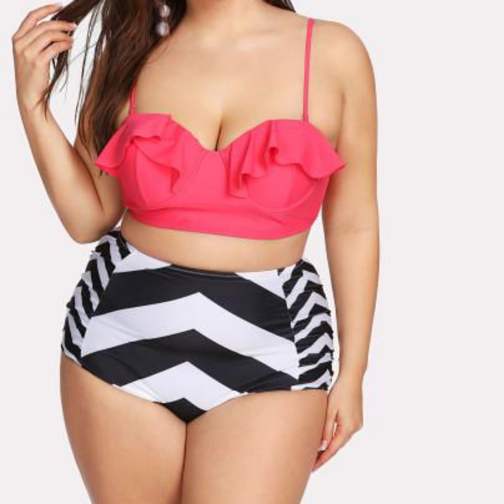 High waisted chevron bikini bottoms with pink top